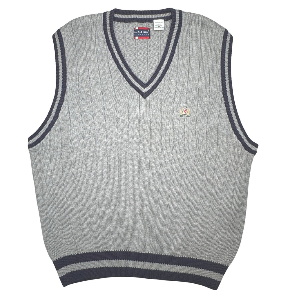 VTG Bugle Boy Classics Mens Sweater Vest Gray Navy V Neck Sz M 100% Cotton Y2K